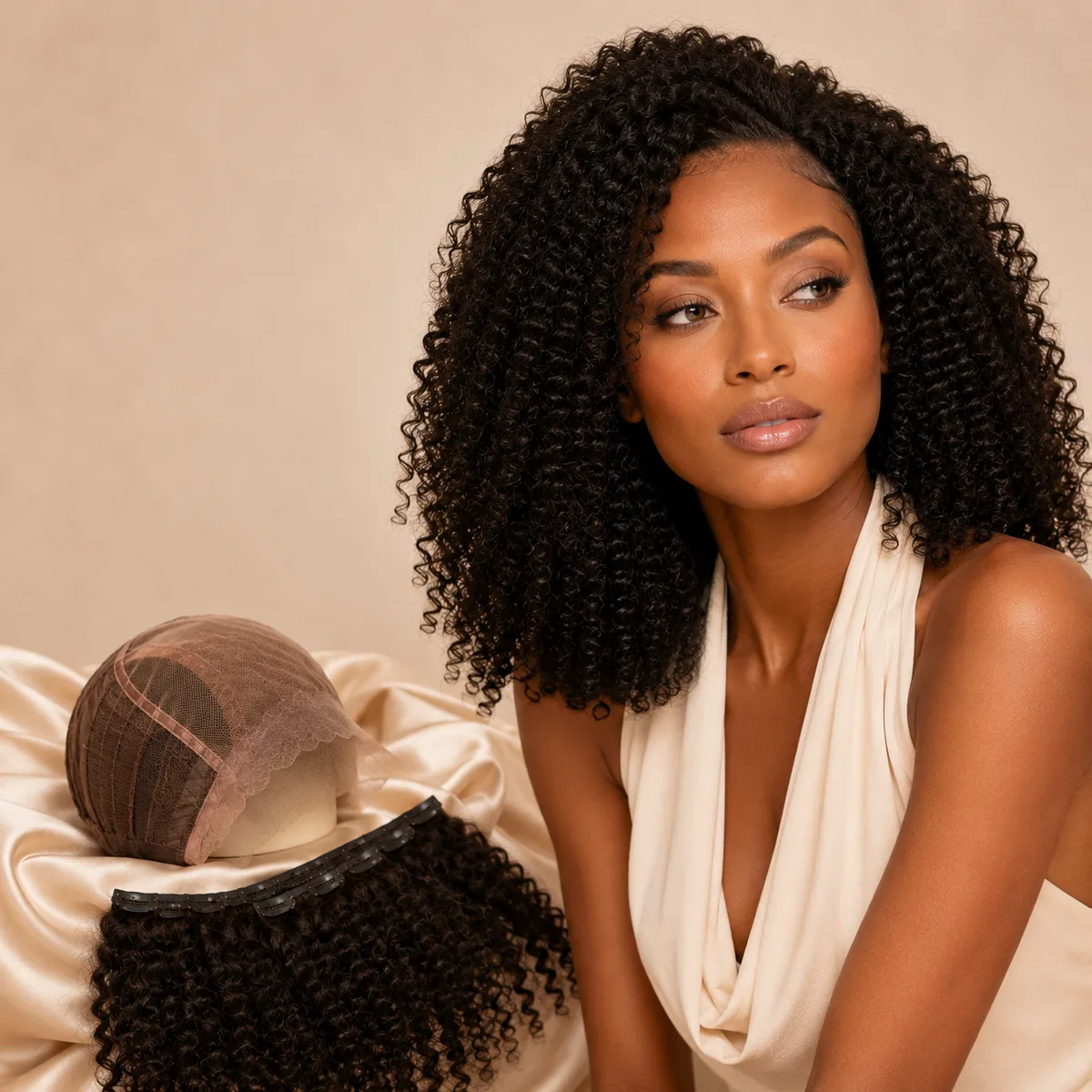 FACHUSE curly hair model with wig cap and clip-in hair pieces for custom order inspiration