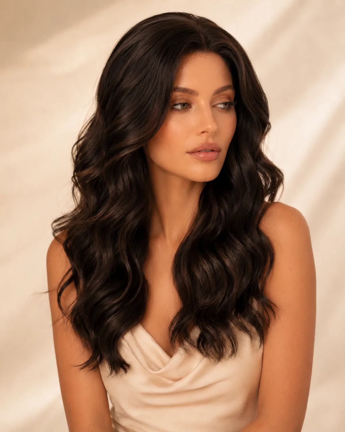 FACHUSE model with long dark brown wavy hair