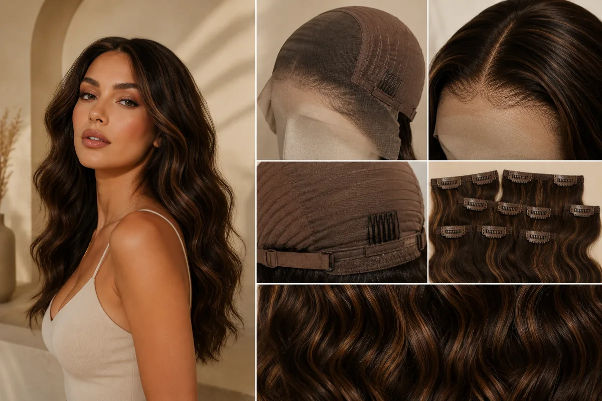 FACHUSE wig cap, lace front, clip-in hair pieces and hair texture details