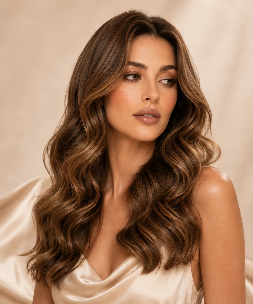 FACHUSE model with warm chestnut body wave hair